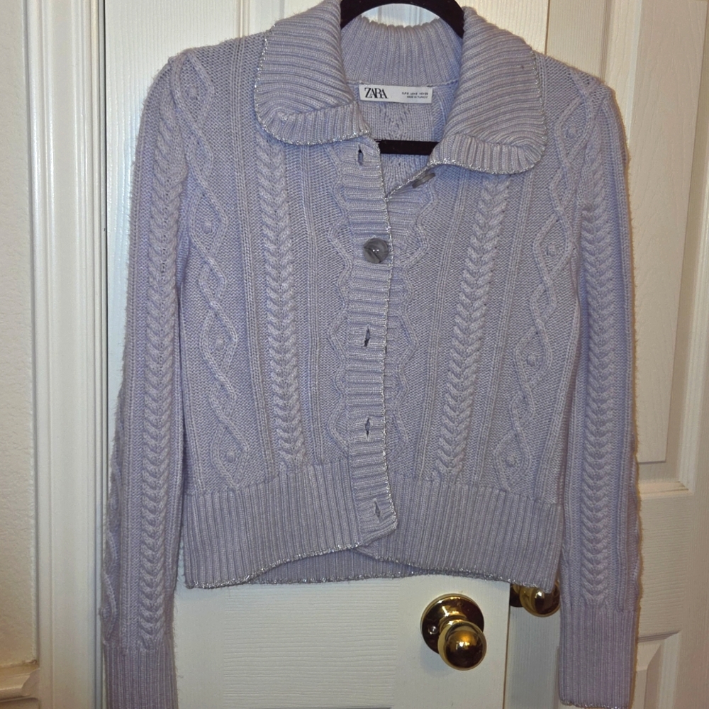 Zara Lavender Purple Silver Trim Button Front Cable Knit Cardigan Size Small